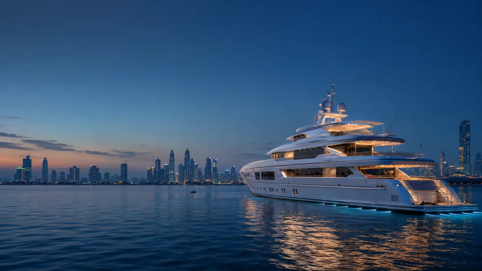 Superyacht at blue hour with Dubai skyline